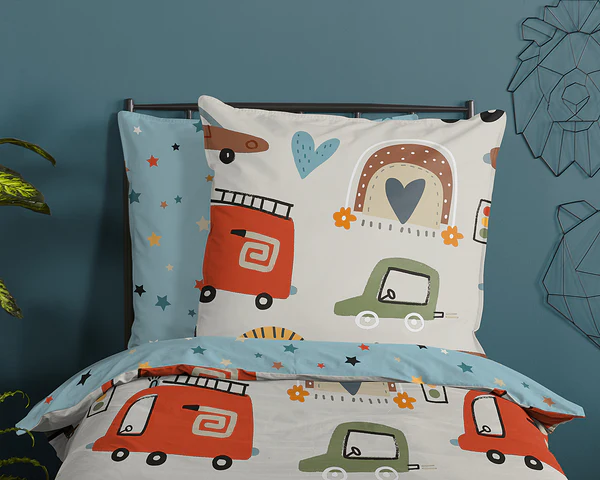 Kinderbettwäsche Autos - Baumwolle - Blau - 135 x 200 cm + Kissen 80 x 80 cm - Image 3