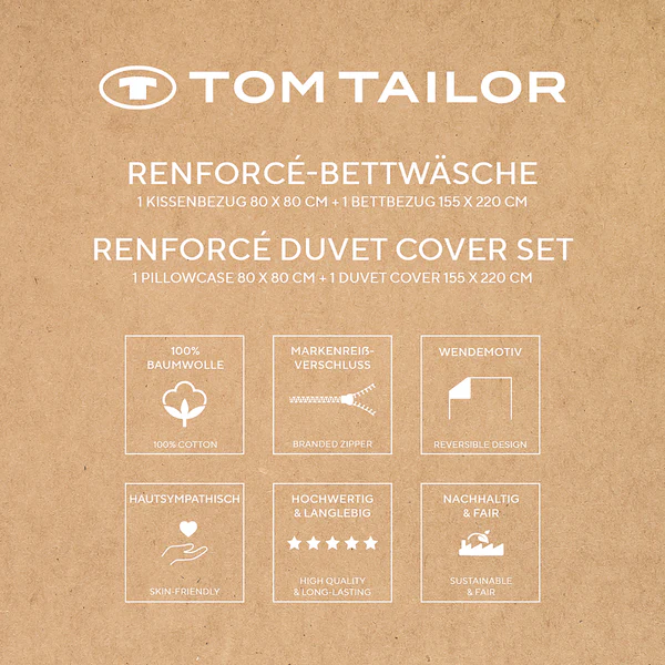 Renforce-Bettwäsche Tom Tailor - Baumwolle - Creme / Marineblau - 155 x 220 cm + Kissen 80 x 80 cm - Image 8